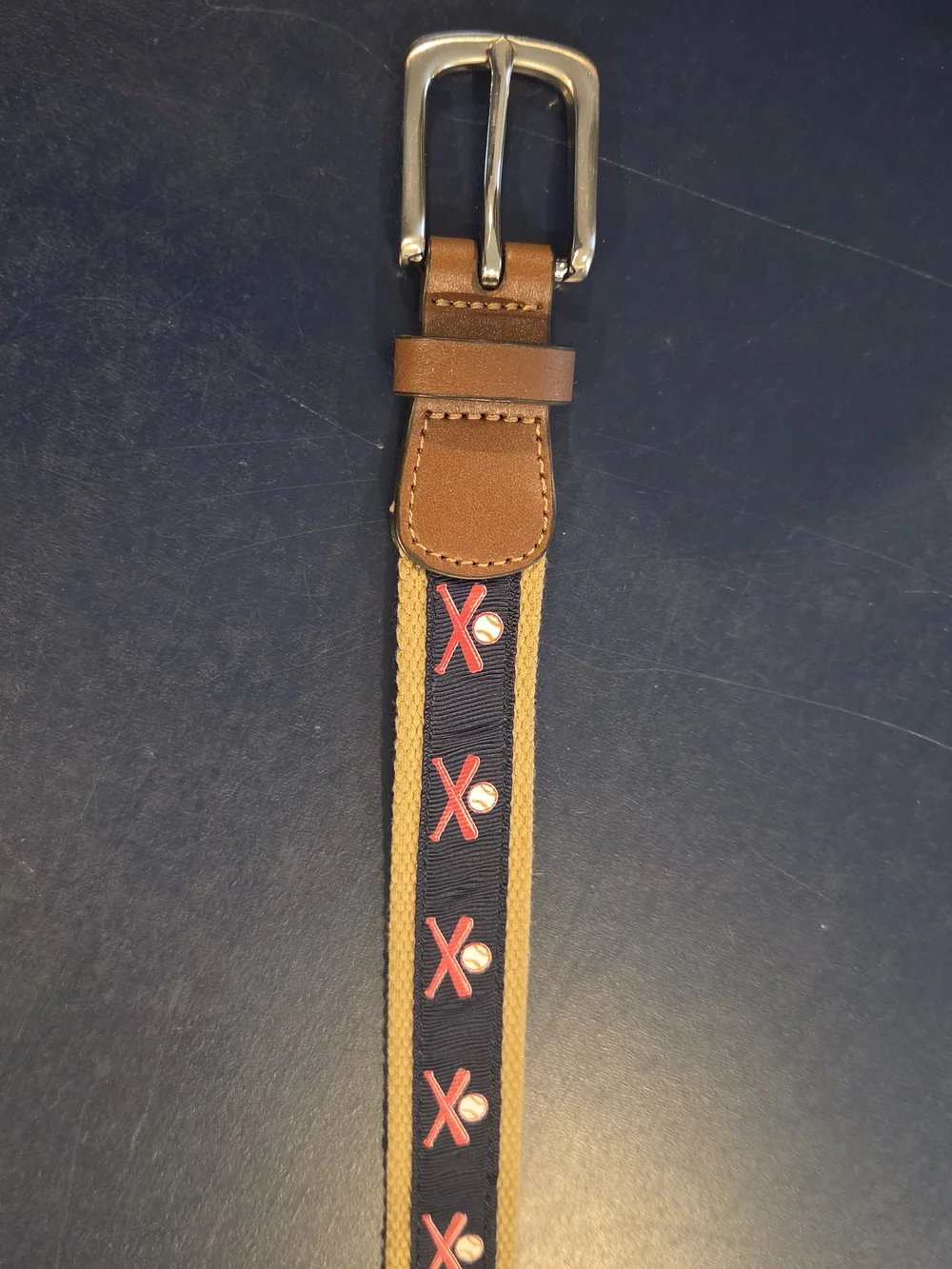 Boy's L (30-32) Navy and Tan Embroidered Web Baseball Belt